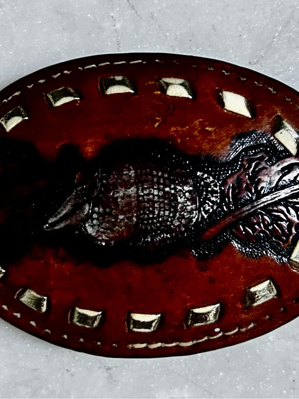 Tony Lama ~ Vintage ~ Brown ~ Armadillo Texas Western Leather Tooled Belt Buckle